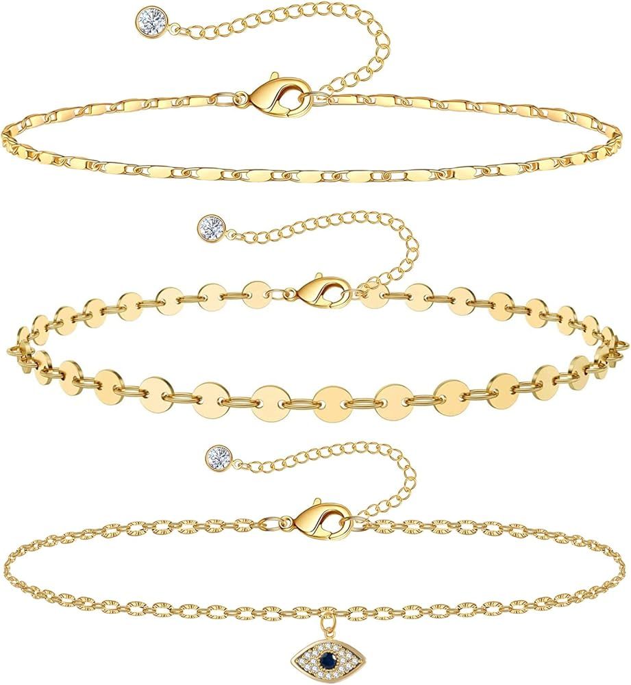 Gold Ankle Bracelets for Women 14k Gold Plated Anklet Silver Rose Gold Evil Eye Tennis Crystal Cubic | Amazon (US)