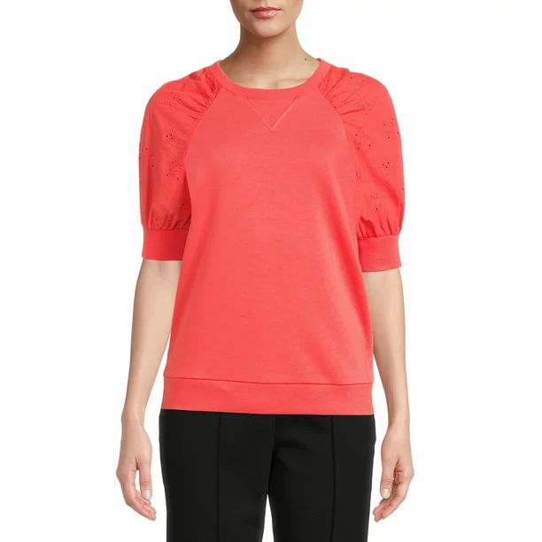 The Get Women's Eyelet Short Sleeve Sweatshirt - Walmart.com | Walmart (US)
