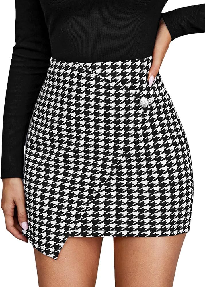 Women's High Waist Work Houndstooth Print Asymmetrical Button Elegant Bodycon Mini Short Skirts | Amazon (US)