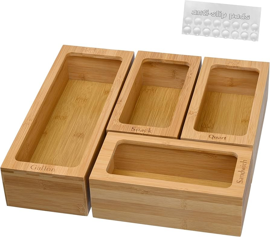 Bamboo Ziplock Bag Storage Organizer for Drawer - Food Storage Bag Organizer Kitchen Drawer - San... | Amazon (US)