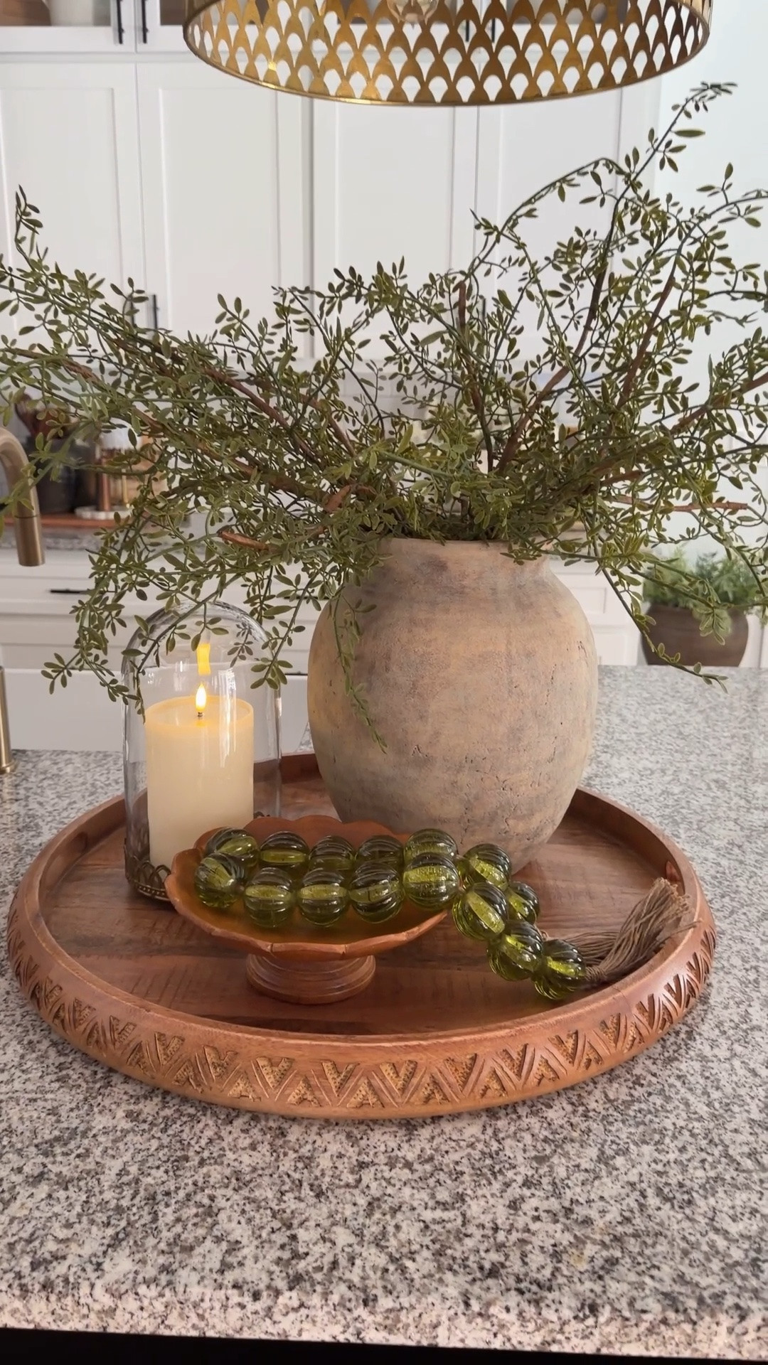 This is one tray styling idea you can use year-round. The rich, deep green real-touch stems are some of my favorites. I paired them with a cloche and candle for warmth and a bowl of gorgeous green glass beads for added texture and color. Simple, timeless, and easy to style in any season.