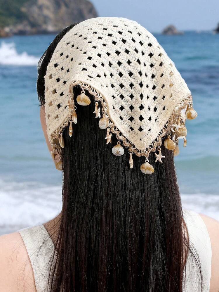 1pc Boho Beige Crochet Bandana Headband With Shell & Starfish Tassel Fringe, Beach Holiday Head W... | SHEIN