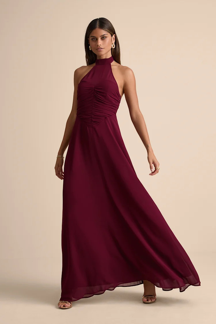 Cammie Burgundy Halter Neck Ruched Maxi Dress | Lulus