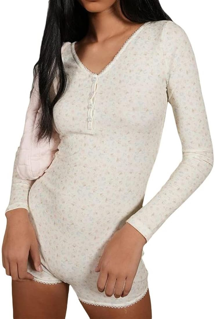 Sastianaen Women Y2k Long Sleeve Bodycon Romper Floral Print One Piece Bodysuit V Neck Button Sho... | Amazon (US)