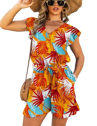 VERABENDI Women’s Tropical Romper Vacation Outfit – V Neck Flutter Sleeve Tie Waist Beach Romper for Cruise, Resort & Island | Amazon (US)