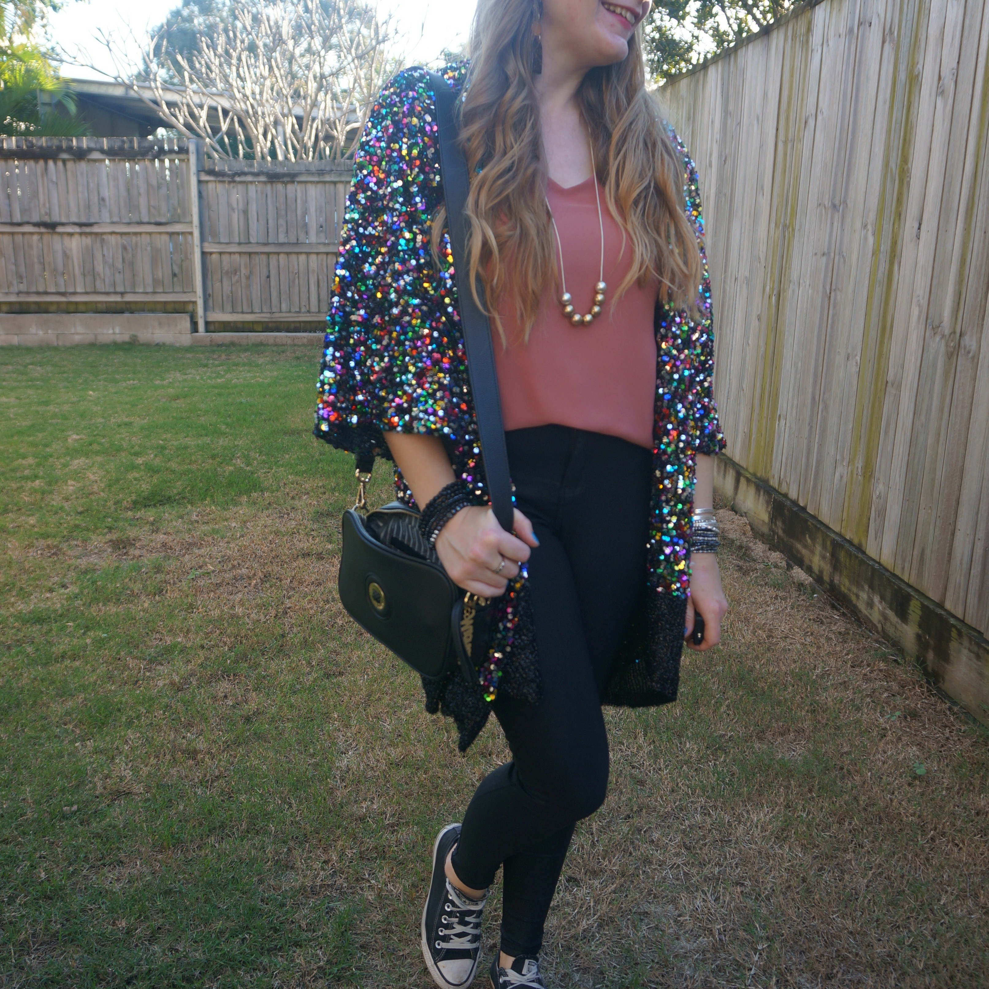Thrifted cami, coated denim skinny jeans, Converse, Mimco Mim-mazing crossbody bag and @thehausofqueenie amazing sequin kimono for a night out for a friend's birthday last week ✨️

#LTKaustralia #LTKbag