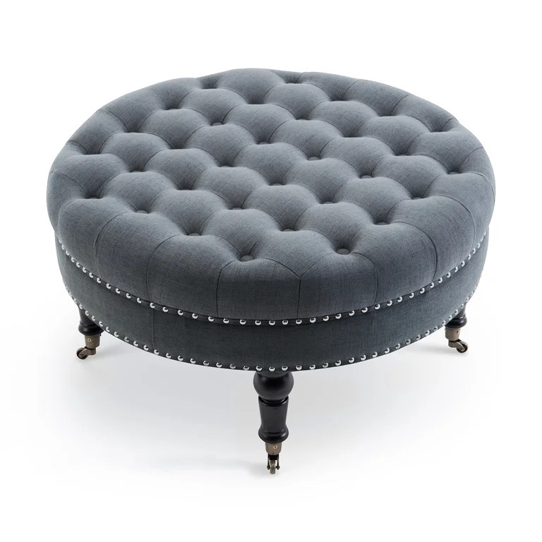 Belleze 33" inch Round Tufted Linen Ottoman Large Footstool Cocktail with Caster, Gray | Walmart (US)