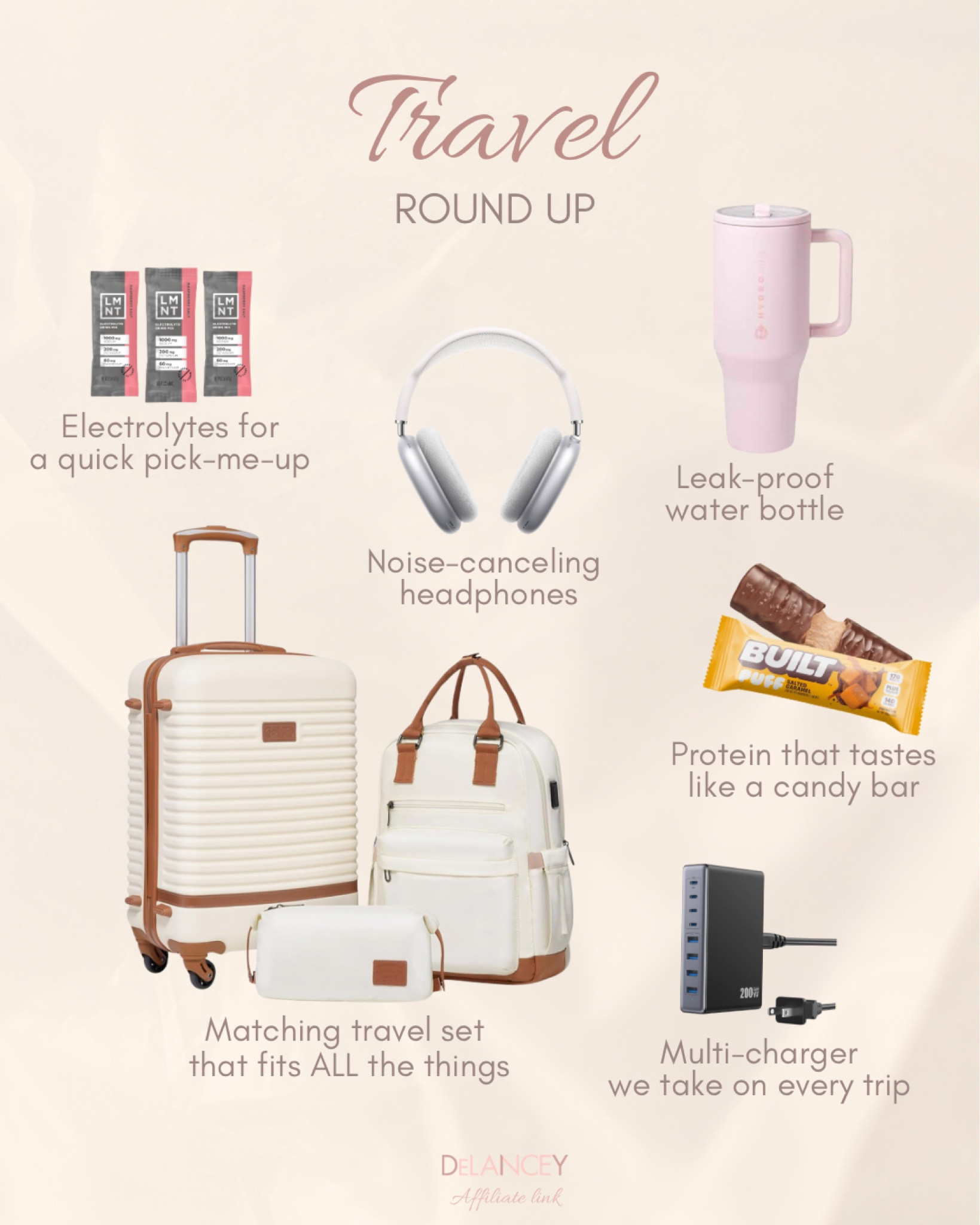Roundup of my favorite travel necessities!  This suitcase set fits everything and then some.  Noise cancelling headphones make every flight so much better, and I take this multi-charger on every trip I go on.  Bringing my spill proof water bottle, electrolytes and protein bars so I'm ready for any adventures I find along the way. 🙌🏼

#LTKTravel #LTKSaleAlert