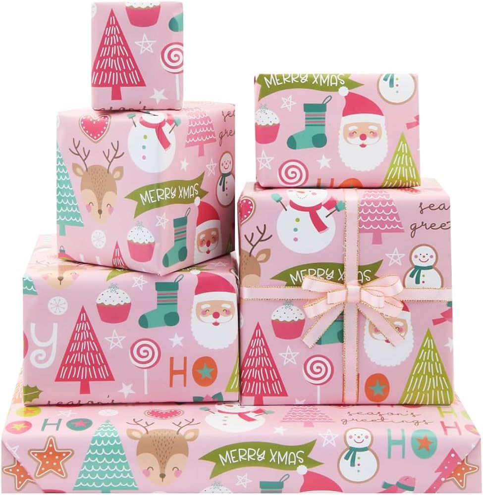 Vintage Baby Pink Merry Christmas Xmas Wrapping Paper 6 Sheets With Matched Pink Color Ribbon Fol... | Amazon (US)