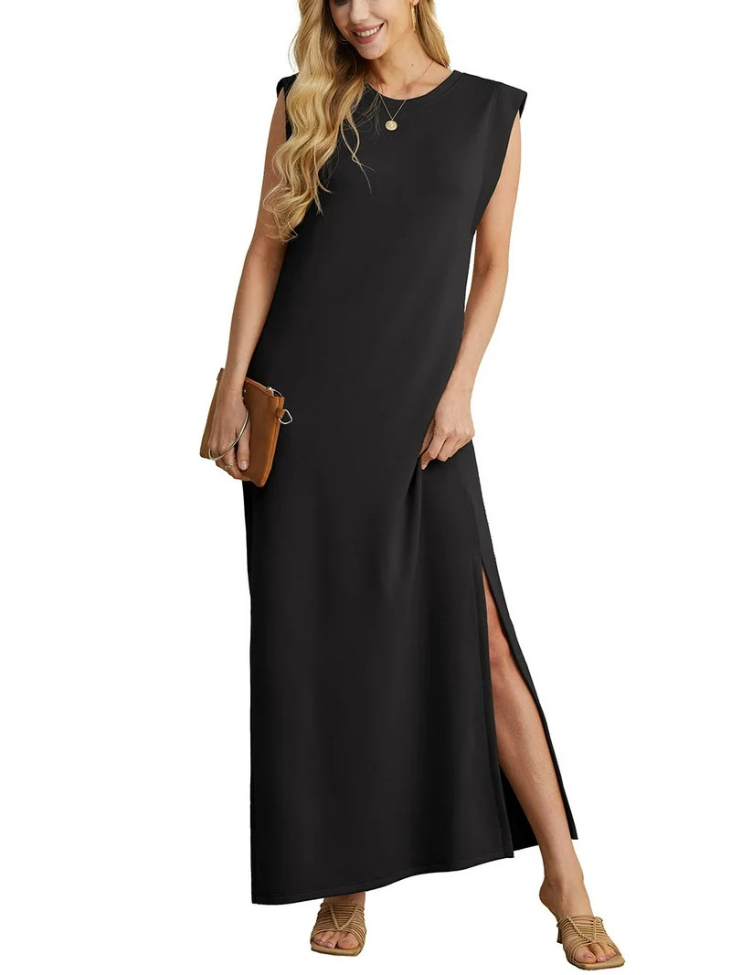 JWD Women Summer Round Neck Casual Loose Split Wrinkle-Free Long Maxi Vacation Dress with Pockets... | Walmart (US)