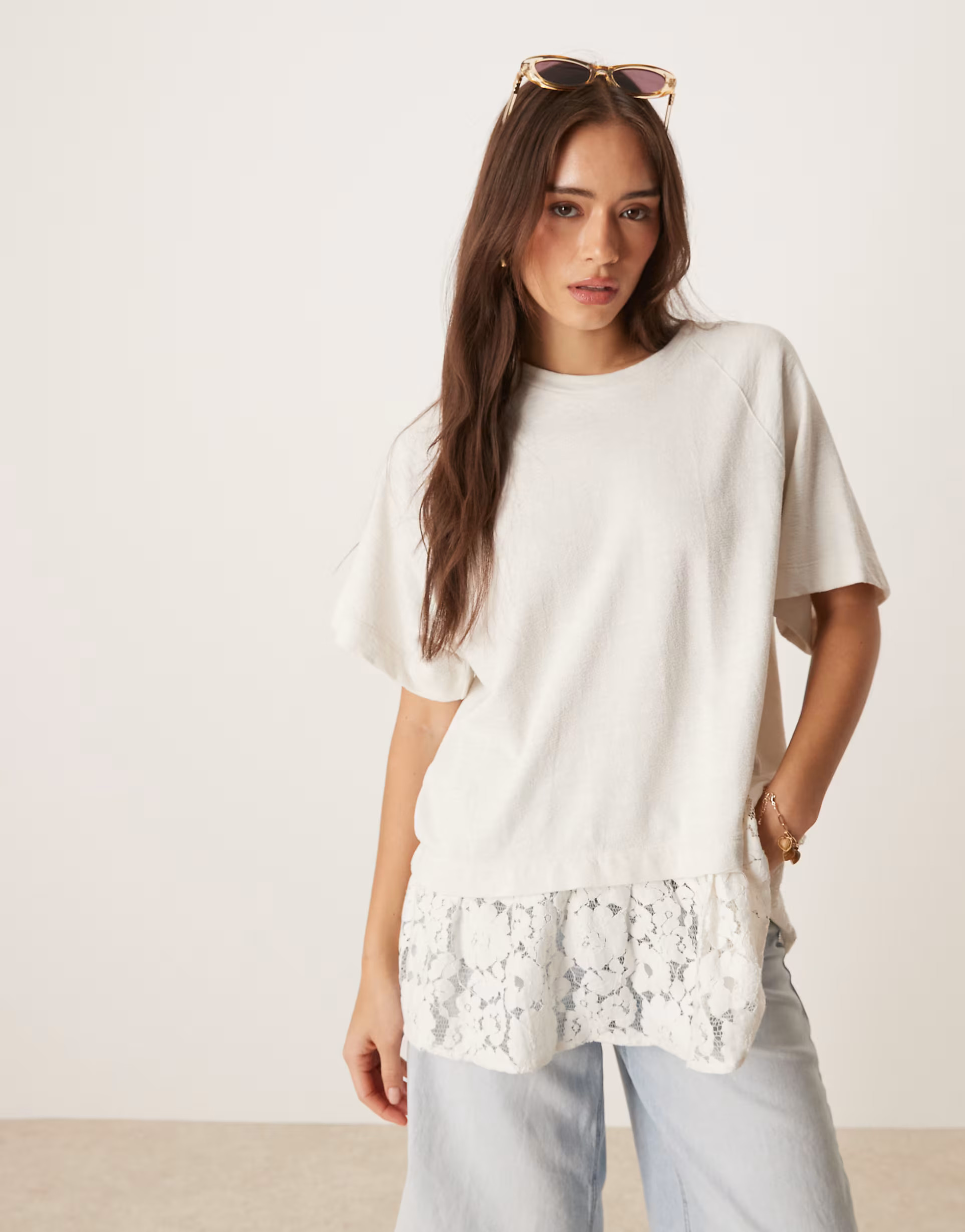 ASOS DESIGN oversized raglan T-shirt with lace hem detail in cream | ASOS | ASOS (Global)