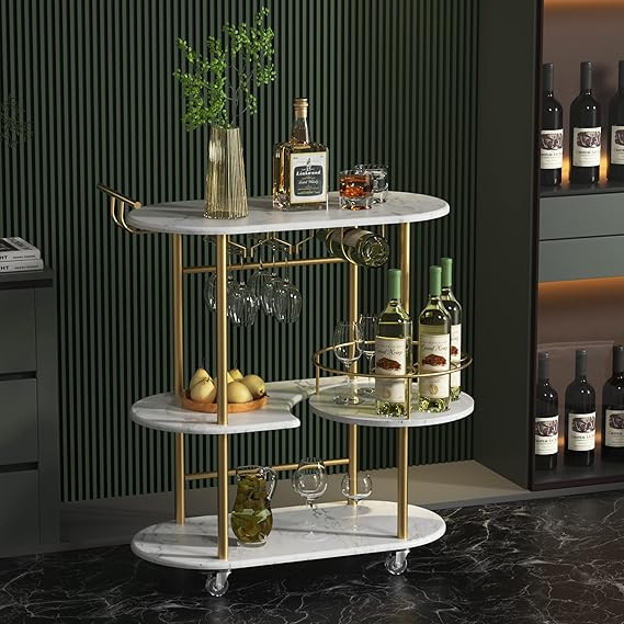 Gold Bar Carts with 4-Tier Storage Shelves, Mobile Bar Serving Cart with Wine Rack and Glass Hold... | Amazon (US)