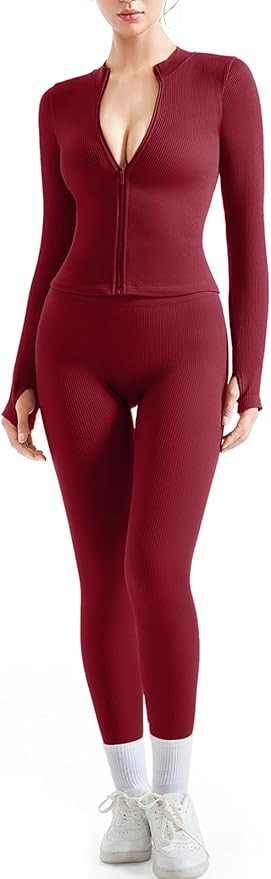 SUUKSESS Women 2 Piece Seamless Ribbed Workout Sets With Zip Up Jacket High Waisted Gym Yoga Legg... | Amazon (US)