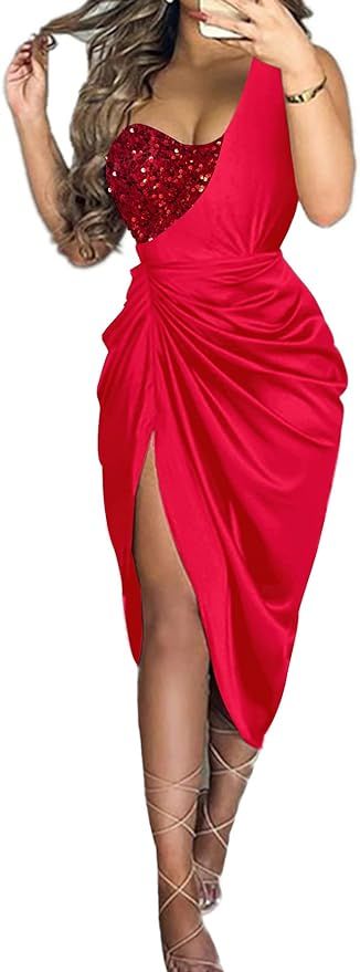 Amazon.com: LYANER Women's Satin Skily Sequin One Shoulder Ruched Split Slit Sleeveless Cocktail ... | Amazon (US)