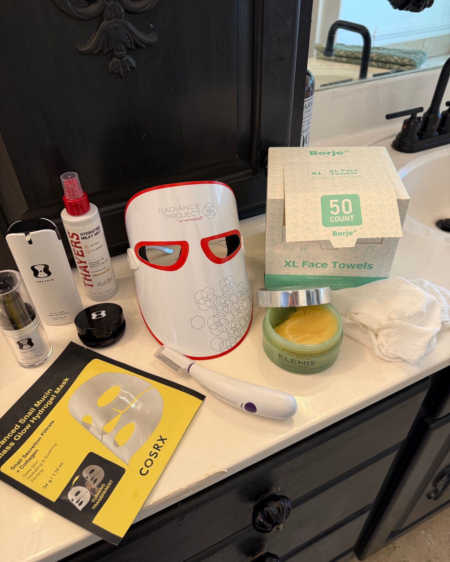 Self-care day

Melanoma Cancer Journey 
10days after 3rd laser treatment 

Products  I am using today

Listing in order of use:

Borge- Xlg face towels larger & thicker
💯 biodegradable, so soft, chemical free

Elemis- Pro Collagen Green Fig cleansing Balm 

Thayers- hydrating milky mist
Oat milk and 7% glycerin 
Touchless 24 hour hydration, instantly dewy skin

Vit c serum 

Michael Todd sonic smooth pro-Dermaplaning microdermabrasion  & Facial hair removal system with led light

Repeat with:
Thayers- hydrating milky mist

Coleen Rothschild- glycolic acid peel pads with blue agave

Cosrx- advanced snail mucin glass Glow Hydrogel Mask 
Snail secretion filtrate + collagen 
For glowing skin, hydration and soothing plus firming 
Goes on white and you wear until transparent 

Use jade roller over mask to help press moisture into face & plus it’s soothing 

Remove mask and let skin breathe for about 5 mins 

Radiance Project by Mirabella LED Facial Mask with infrared 
-Fine Lines & Wrinkles
Blemishes 
Uneven skin tone
7 light treatment choices 
Pamper skin without downtime rechargeable 7-15 min depending on light color

Finishing up with

One skin 
08-01 eye topical supplement-
Essential Eye cream
Around eye area

Then One skins 08-01 Face topical supplement essential moisturizer 

Dime - wonderscreen broad spectrum spf 30

Repeat Thayers - hydrating milky mist

#LTKselfcare #LTKOver40 #LTKBeauty