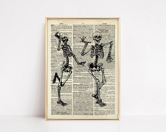 dancing skeletons print | vintage halloween decor | book page art | spooky wall art | funny hallo... | Etsy (US)