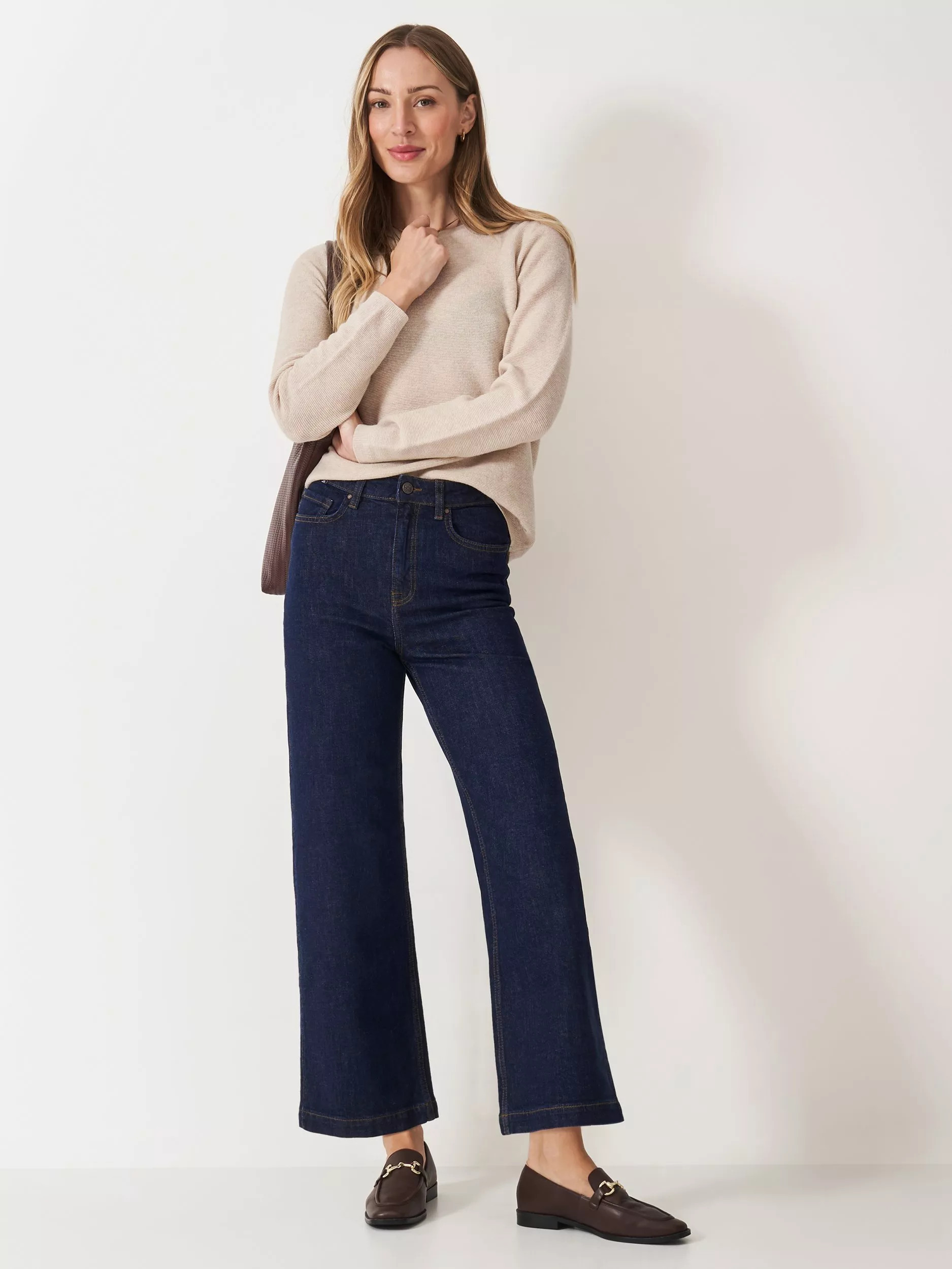 Crew Clothing Cropped Wide Leg Jeans, Navy Blue | John Lewis (UK)