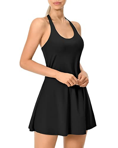 colorskin Women's Halter Neck Tennis Dress with Built in Shorts & Bra Workout Dress Exercise Golf Athletic Dress for Women(Black,XL) | Amazon (US)