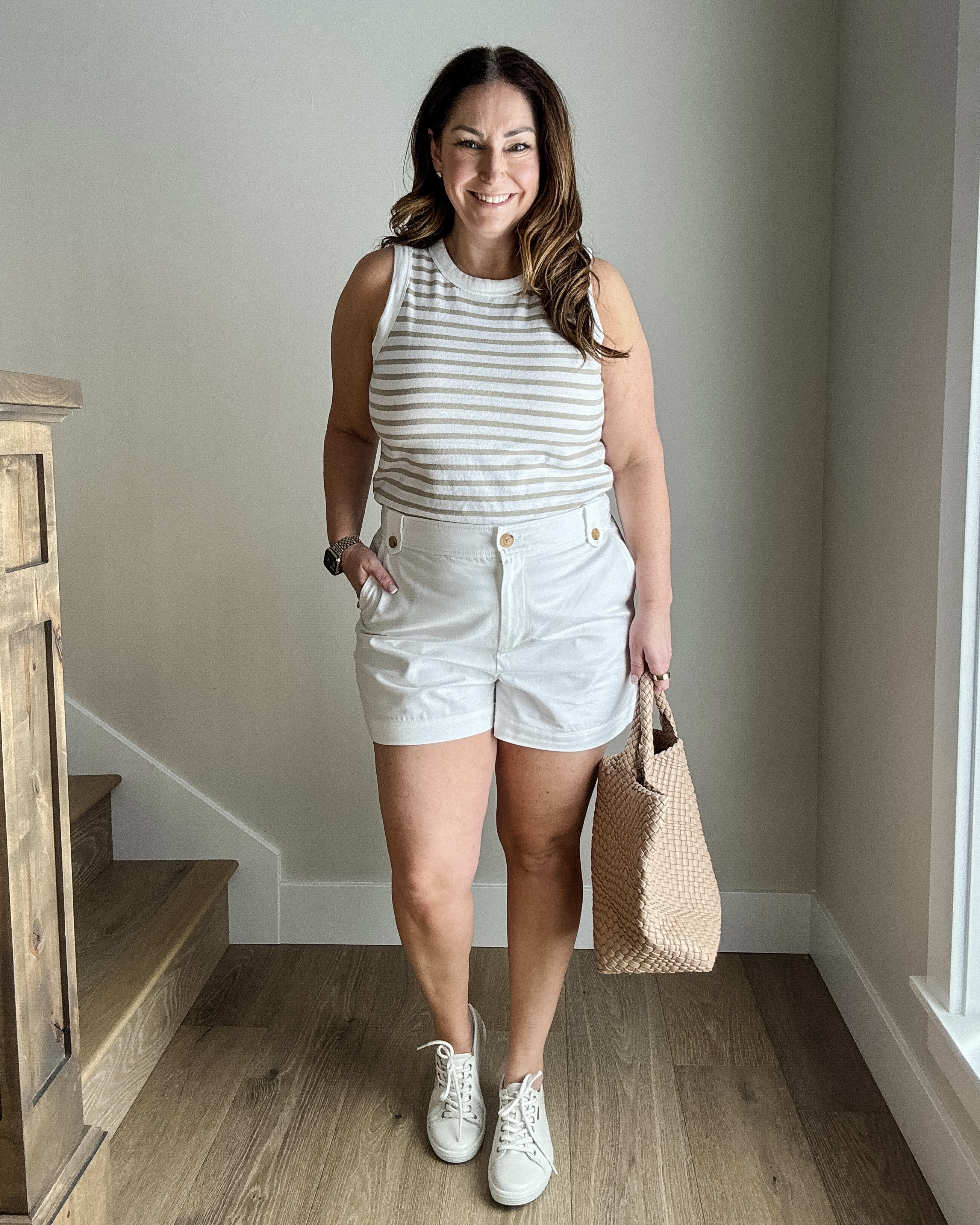 Summer Outfit with LOFT white short and striped tank 
- Large in tank
- 14 in shorts size down if in-between 

#summeroutfits #shorts #whiteshorts 


#LTKSeasonal #LTKSaleAlert #LTKMidsize