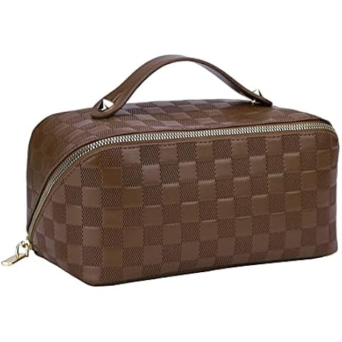 Brown Large Capacity Travel Cosmetic Bag Plaid Checkered Makeup Bag PU Leather Waterproof Skincar... | Amazon (US)