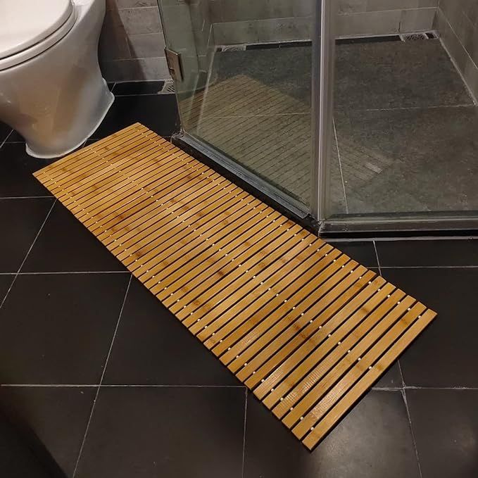 HJJKKH Non Slip Bath Floor Mat,Floding Bamboo Wood Bath Mat,Bamboo Shower Mat,Roll-Up Bamboo Wood... | Amazon (US)