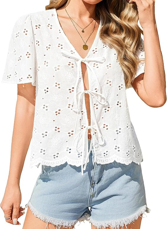 Totatuit Women Tie Front Tops Trendy Summer Beach Shirts Loose Fit Blouses Eyelet Top | Amazon (US)