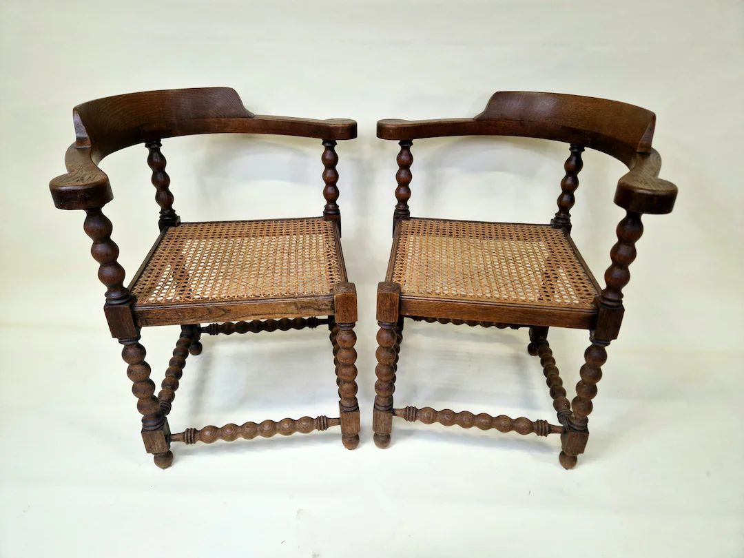 Set of 2 Antique French Bobbin Corner Chairs From the 1920s With Rattan Seat - Etsy | Etsy (US)