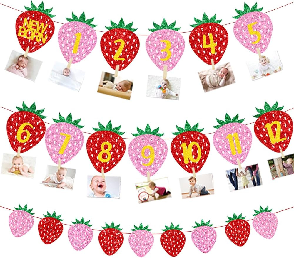Berry First Birthday Decor,Pre-Strung Glitter Berry 1st Monthly Photo Banner Milestone Photograph... | Amazon (US)