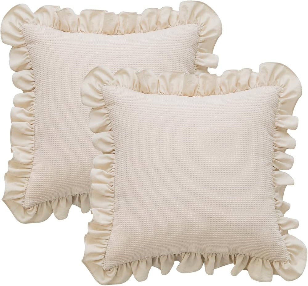 Waffle Weave Textured Throw Pillow Covers Set of 2 with Washed Cotton Retro Ruffle Flounces Trim ... | Amazon (US)