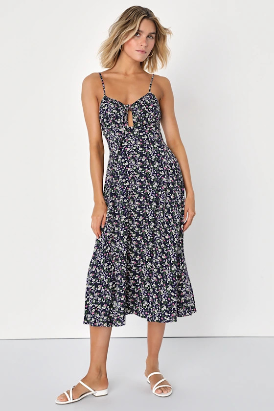 Sunny Aesthetic Navy Blue Floral Backless Cutout Midi Dress | Lulus (US)