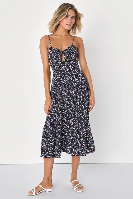Sunny Aesthetic Navy Blue Floral Backless Cutout Midi Dress | Lulus (US)
