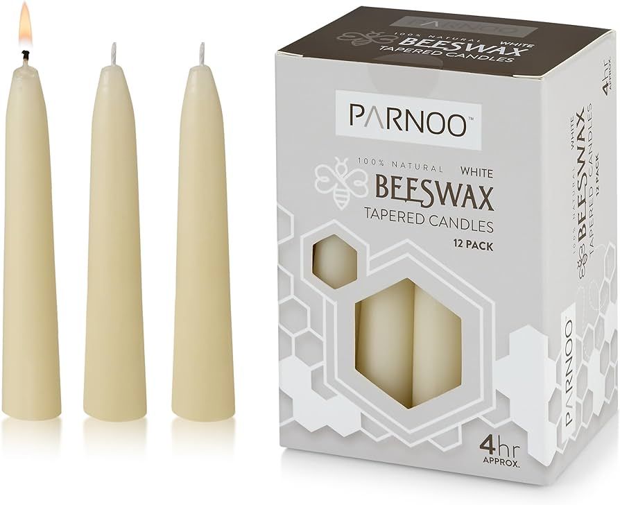 PARNOO 100% Natural White Beeswax 5 Inch Tall Tapered Candles, 4 Hours Burn time - Pack of 12 (Dr... | Amazon (US)