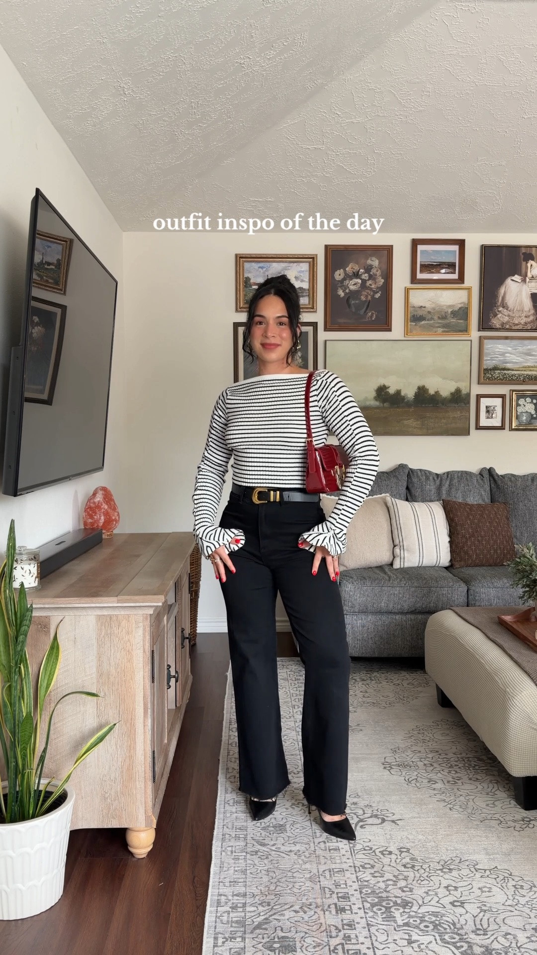 kinda chic ❣️  RIHOAS discount code: oza12RS ✨ striped top, black and white striped top, striped long sleeve top, striped knit top, boat neck top, fitted striped top, black wide leg pants, black wide leg trousers, high waisted black pants, black trousers outfit, wide leg pants outfit, black and white outfit, black and white fashion, red handbag, red shoulder bag, red purse, statement handbag, black pointed toe heels, black pumps, pointed toe heels, gold belt, statement belt, black belt with gold buckle, classic outfit, chic outfit, sophisticated outfit, polished outfit, business casual outfit, work outfit, office outfit, date night outfit, dinner outfit, casual chic outfit, minimalist outfit, timeless style, French style outfit, Parisian style, fall outfit, fall fashion, autumn outfit, winter outfit, transitional outfit, capsule wardrobe, elevated basics, neutral outfit, monochrome outfit, LTK fashion, LTK outfit, outfit inspiration  

 #LTKxWalmart #LTKNYFW #LTKootd