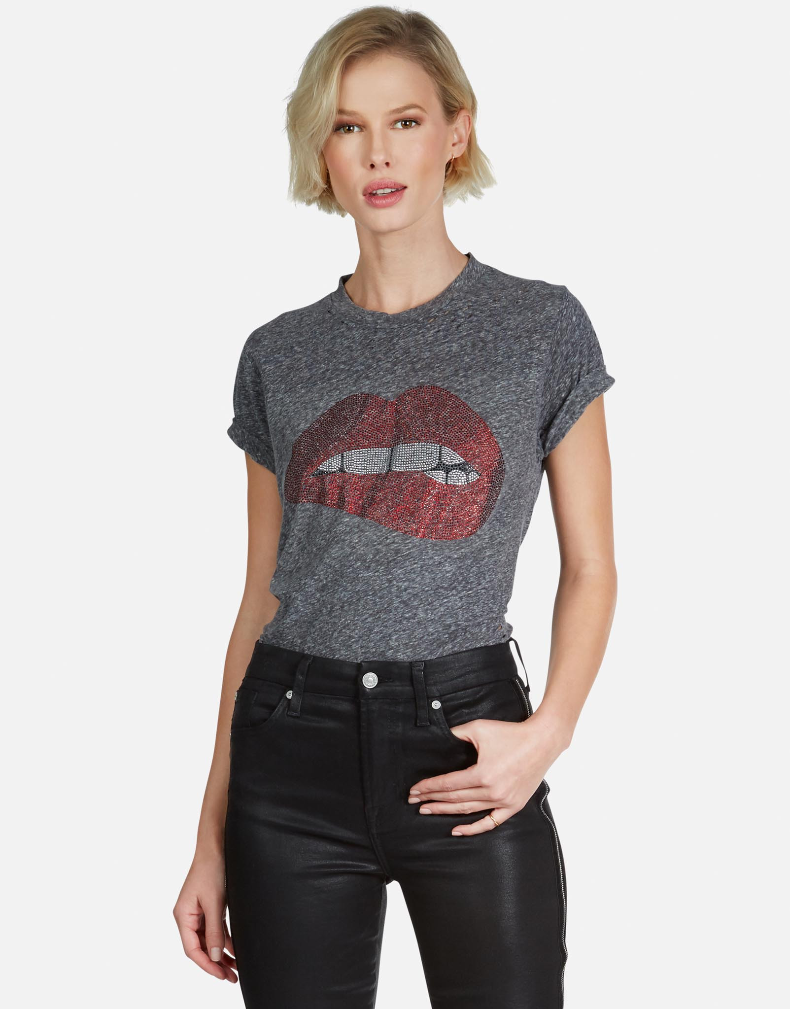 Crystal Biting Lip S/S Vintage Tee w/ Holes | Capri by Lauren Moshi | Lauren Moshi