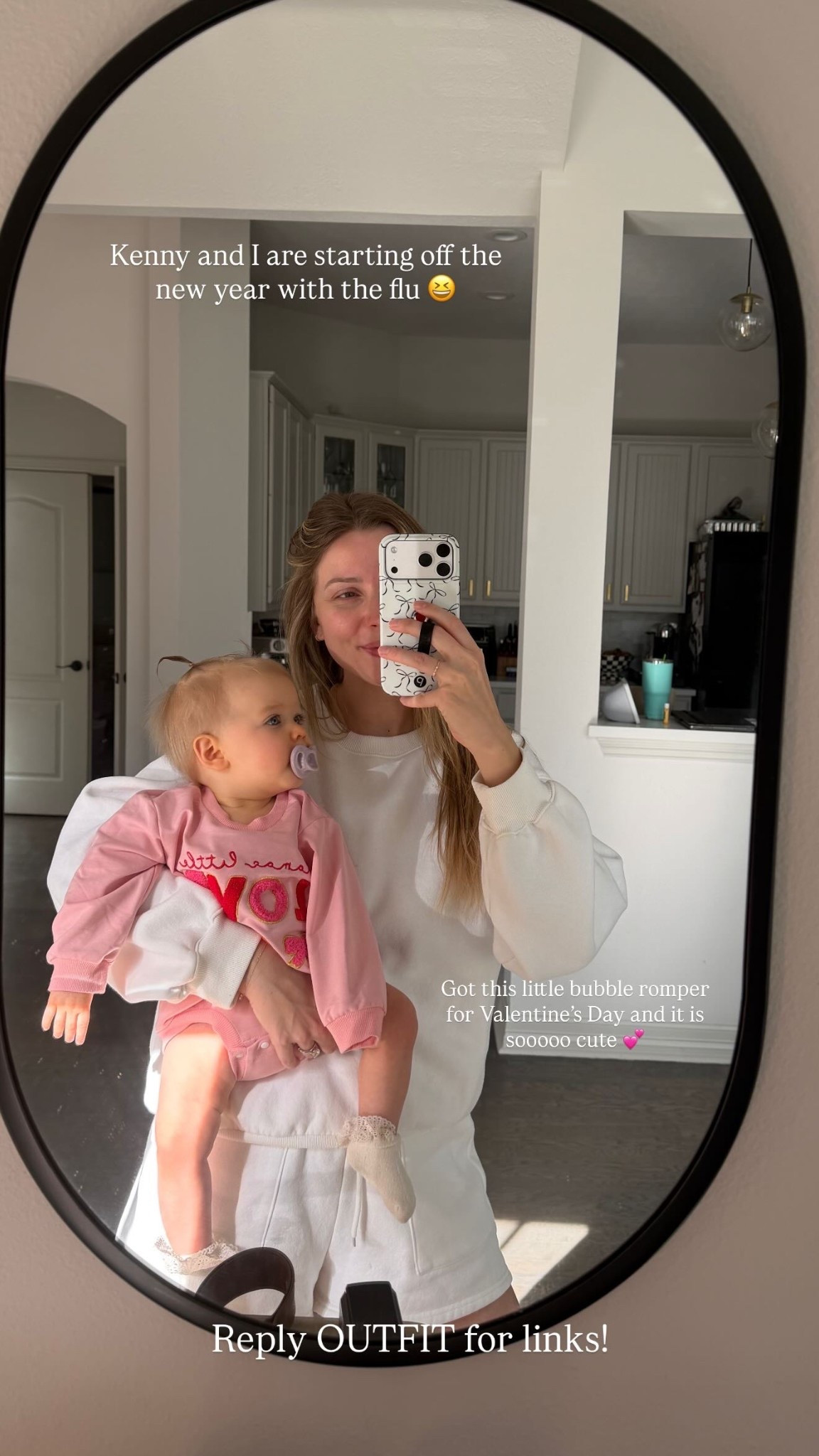 Kenny and I are starting off the new year with the flu 😆  Reply OUTFIT for links! Got this little bubble romper for Valentine’s Day and it is sooooo cute 💕