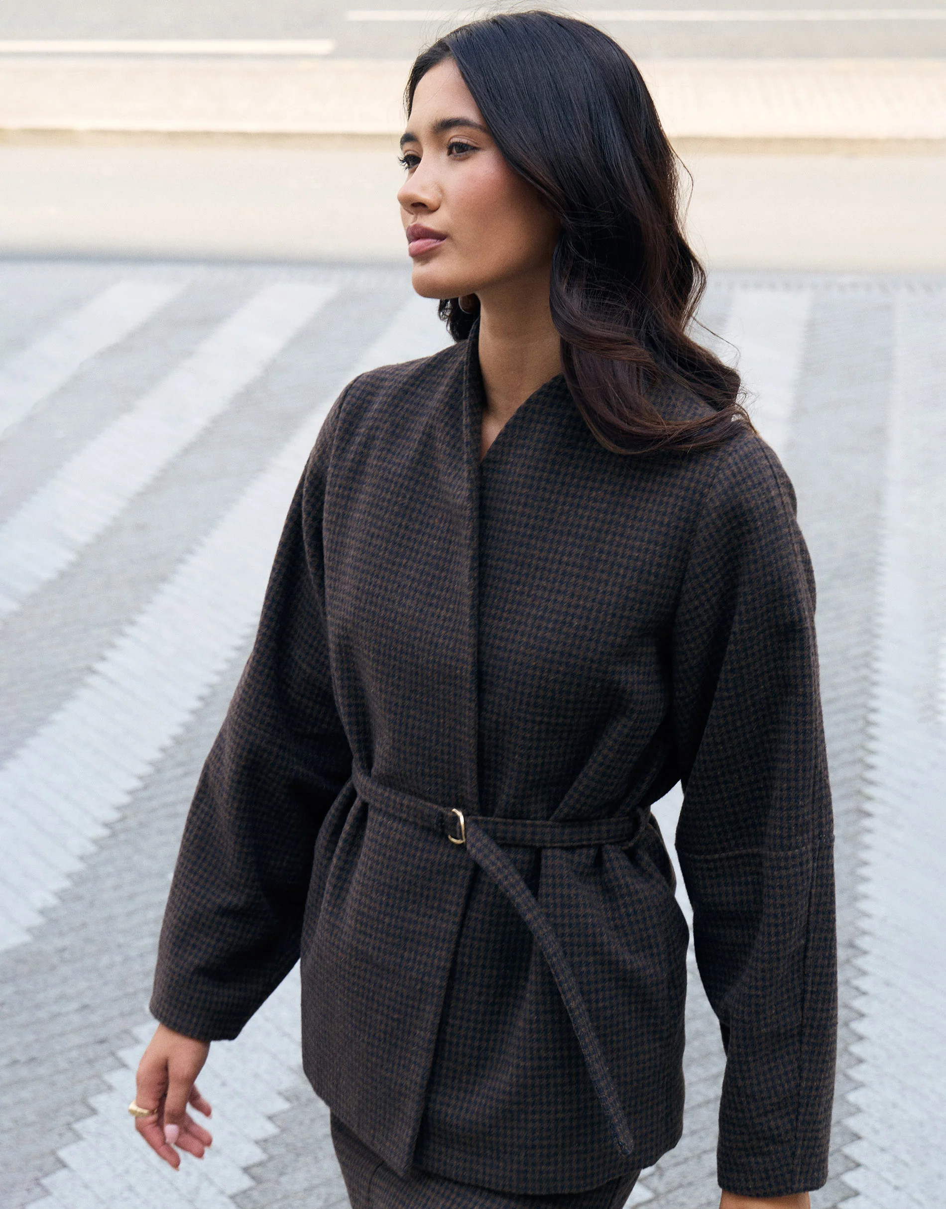 Faux Wool Cocoon Blazer in Brown Check | Threadbare UK