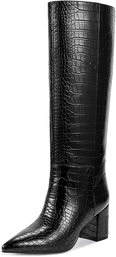 wetkiss Knee High Boots Women Chunky Heel Faux Crocodile Boots Pointed Toe Tall Boots Long Wide C... | Amazon (US)