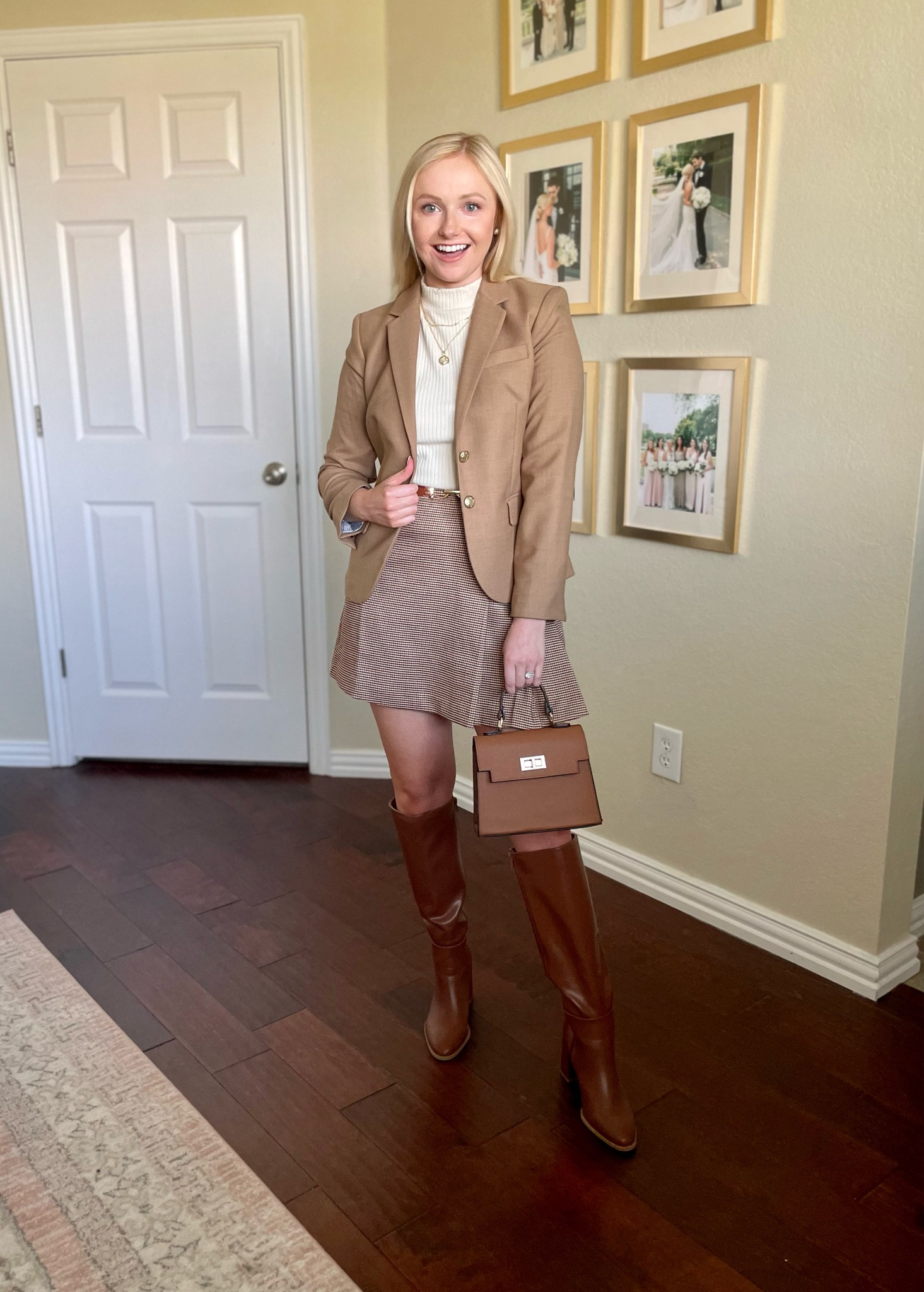 Wearing a S in skirt, XS in top and 0P in blazer | plaid skirt, camel blazer, fitted blazer, tailored blazer, blazer outfit, fall outfit, fall trends 

#LTKfindsunder100 #LTKstyletip #LTKSeasonal