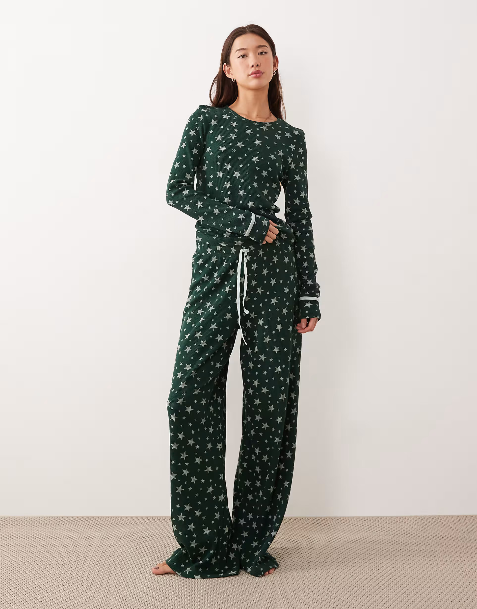 ASOS DESIGN long sleeve & wide leg pants waffle knit pajama gift set in green star print | ASOS (Global)