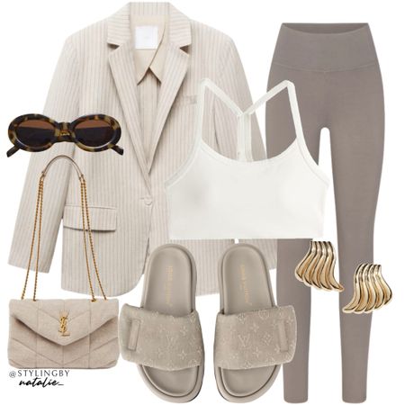 Comfy, casual everyday outfit, pin stripe linen blazer, high waist leggings, crop top, Saint Laurent bag & flat sandals. 
Neutral outfit, spring summer style, Pilates outfit, athleisure wear.

#LTKeurope #LTKstyletip #LTKitbag