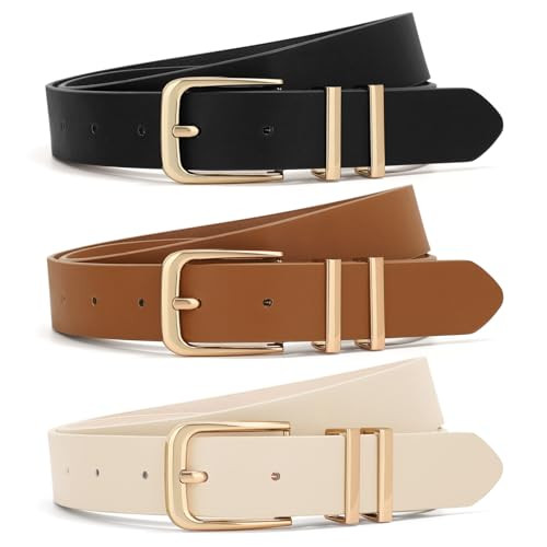 XZQTIVE 3 Pack Women Belts For Jeans Dresses Pants Ladies Leather Waist Belt with Gold Buckle | Amazon (US)