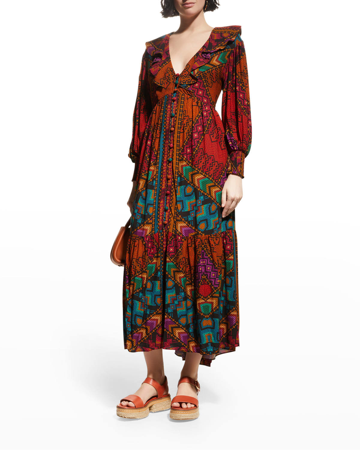 V-Neck Blouson-Sleeve Maxi Dress | Neiman Marcus
