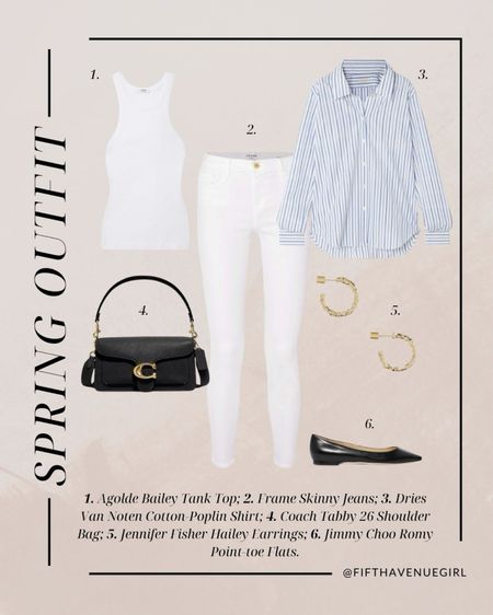 White jeans outfit for spring and summer 🌸 * Agolde Bailey Tank Top * Frame Le Color white mid-rise skinny jeans * Dries Van Noten cotton-poplin shirt * Coach Tabby 26 shoulder bag * Jennifer Fisher earrings * Jimmy Choo Romy point-toe flats

#LTKstyletip #LTKitbag #LTKSeasonal
