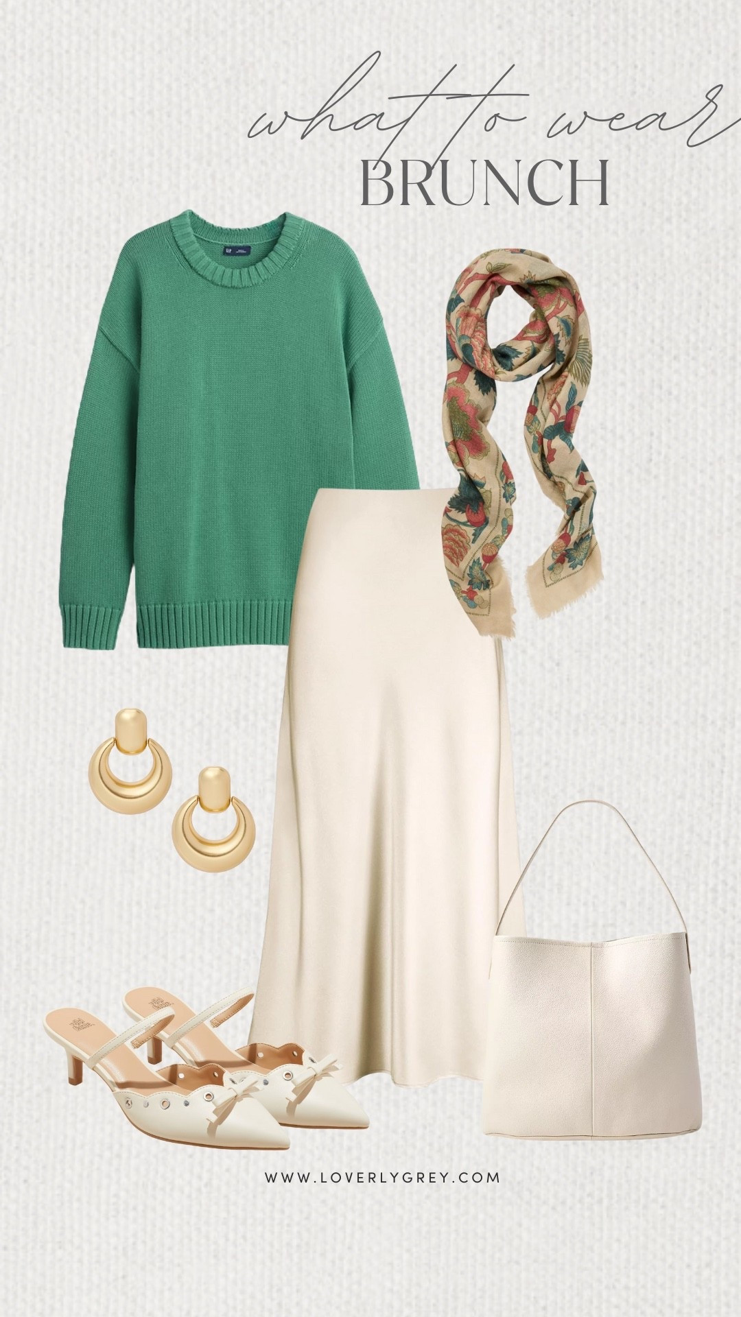 Loverly Grey, what to wear to brunch! I am loving this green long sleeve sweater paired with a patterned scarf and satin white skirt! I paired the look with gold earrings, cute target heels, and a white purse! Loverly Grey, what to wear, brunch 

#LTKootd #LTKSeasonal #LTKgrwm