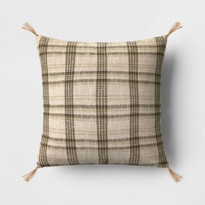 Oversized Cotton Woven Plaid Square Throw Pillow with Tassels Olive Green - Threshold™: Soft Po... | Target