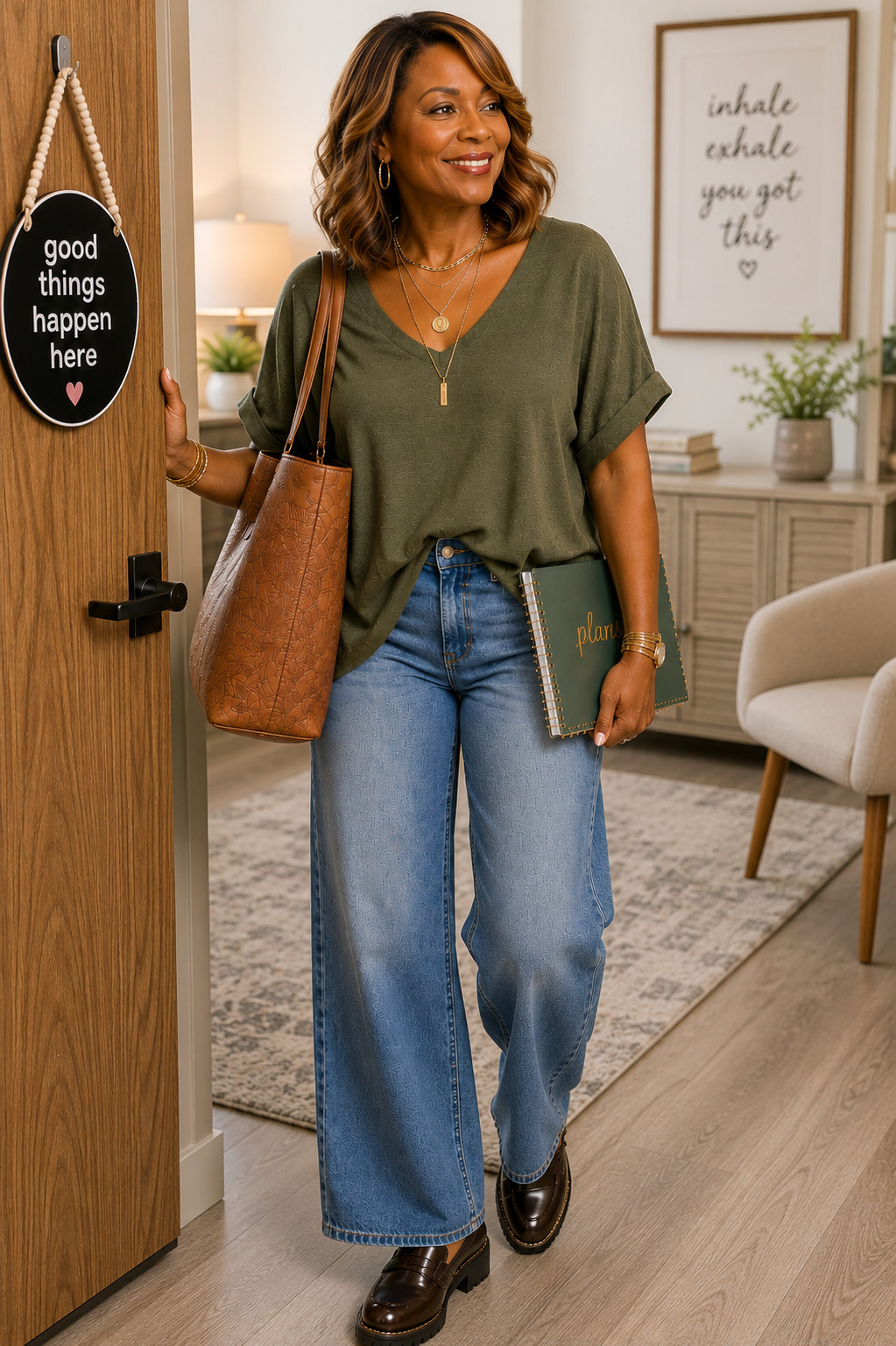 🤍 Seriously Stylish | Back to Work

Back to work, but make it comfortable. 🌿

I love this mix of relaxed and polished—wide-leg denim, an easy olive top, chunky loafers, a roomy cognac tote, and layered gold jewelry.

It's the kind of outfit that works for teachers, therapists, counselors, office professionals—or anyone who wants to look pulled together without spending the whole day wishing they could change clothes. 😂

Shop the look below, or use it as inspiration and recreate it with pieces already in your closet.

Style. Confidence. Comfort. 🤎

#LTKOver40 #LTKWorkwear #LTKStyleTip #Over40Style #WorkwearStyle #SeriouslyStylish 

 #LTKmomlife #LTKOver40 #LTKWorkwear