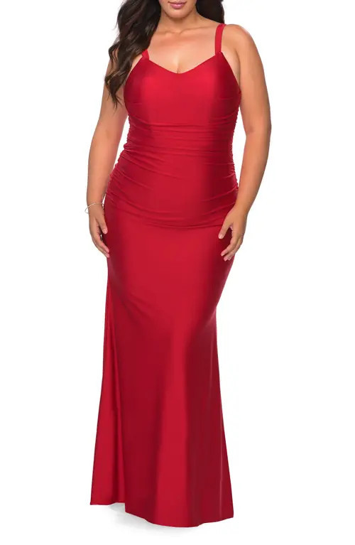 La Femme Long Ruched Plus Size Jersey Dress in Red at Nordstrom, Size 18W | Nordstrom