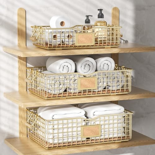 Bathroom Organizers and Storage, 3 Pack Plus Storage Baskets for Shelves, Multipurpose Wire Organizer Bins with Wooden Handles, Farmhouse Decorative Basket Set for Home - Gold | Amazon (US)