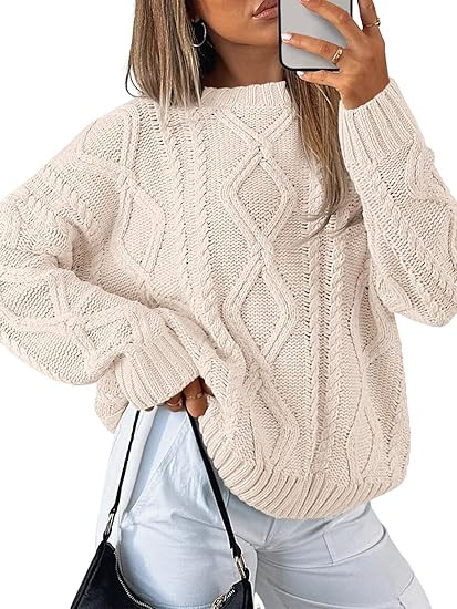 Trendy Queen Women's Oversized Cable Knit Crewneck Sweaters | Amazon (US)