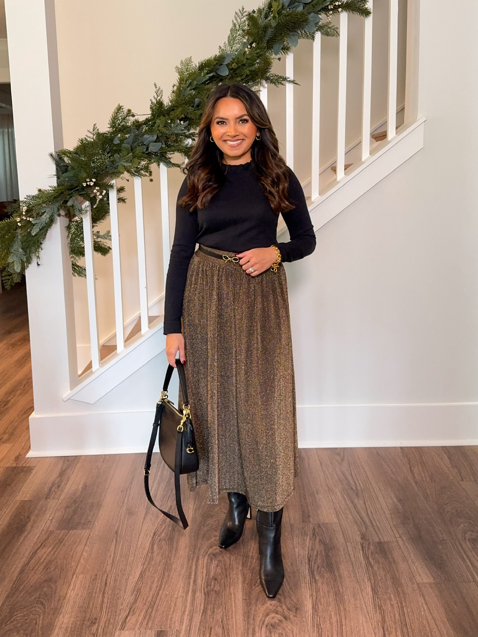 Black ruffle neck sweater size XXS TTS 
Black bow belt size XS TTS 
Sparkle midi skirt size XS TTS 
Black boots size 5 TTS 

Holiday Outfits 
Holiday style 
Christmas style 
Christmas outfits 
Petite fashion 

Honey Sweet Petite
Honeysweetpetite 

#LTKCyberWeek #LTKSaleAlert #LTKHoliday